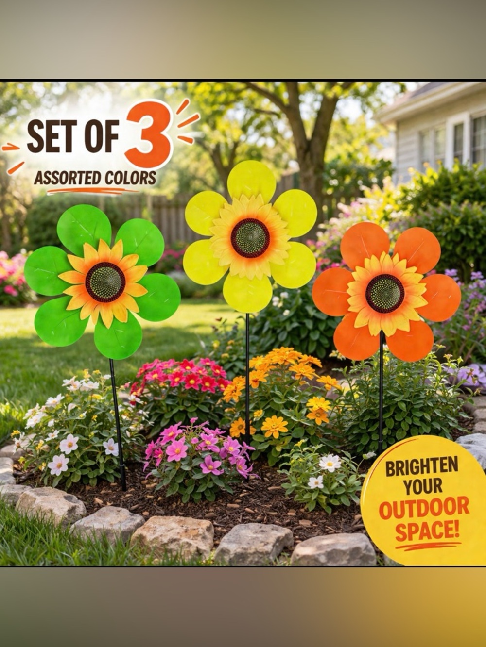 Set of 3 Sunflower Pinwheels Garden Stakes Outdoor Yard Decor 20.5”